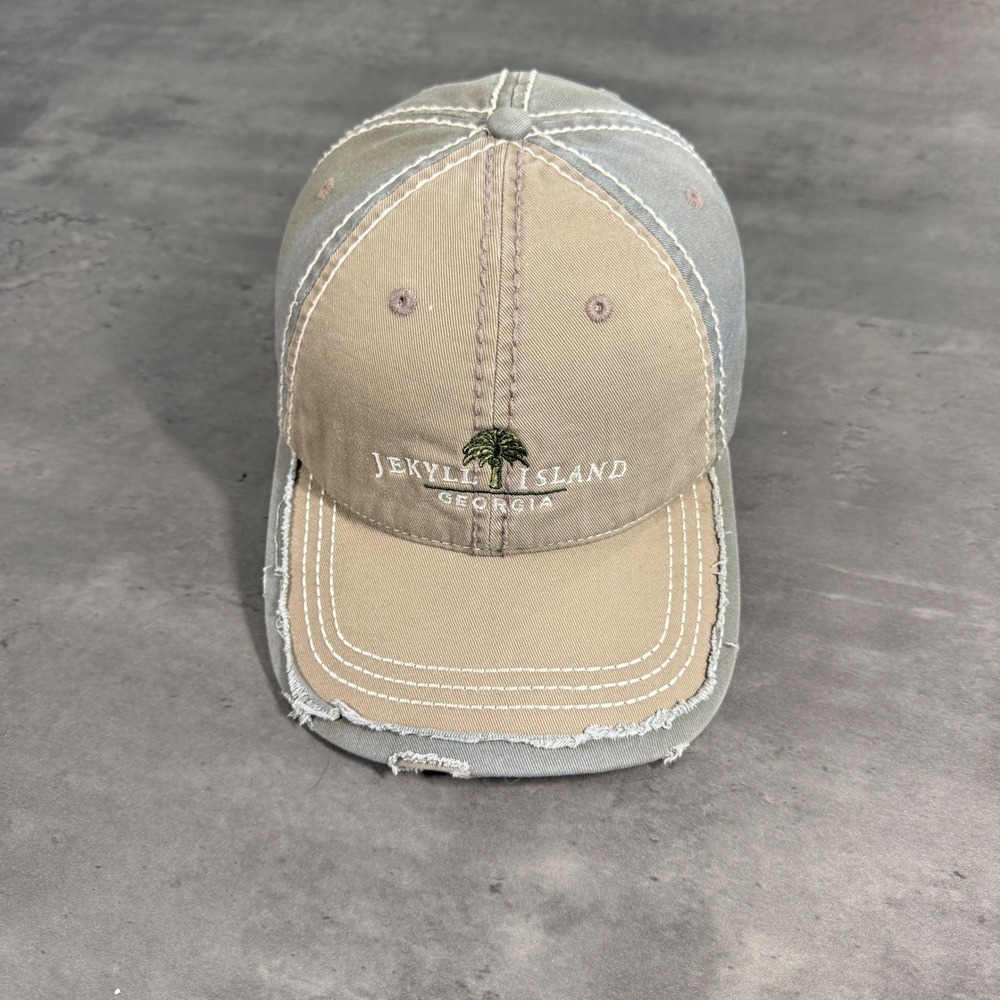 Jekyll Island Georgia Hat Mens Khaki Grey Distressed Faded Baseball Fishing Cap